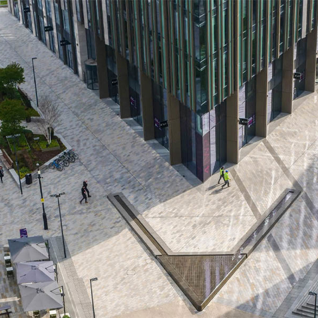 A high angle view of a business park