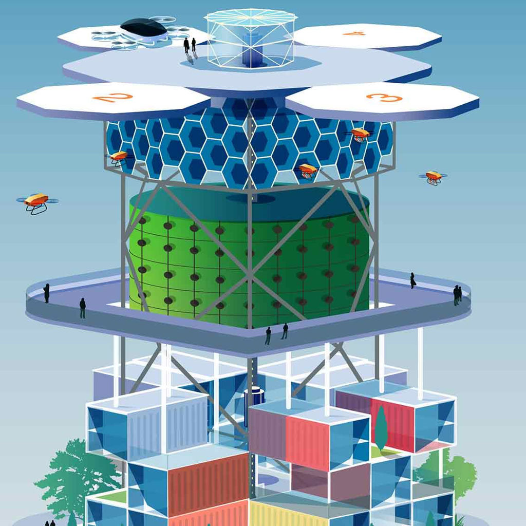 An illustration of a futuristic tall building