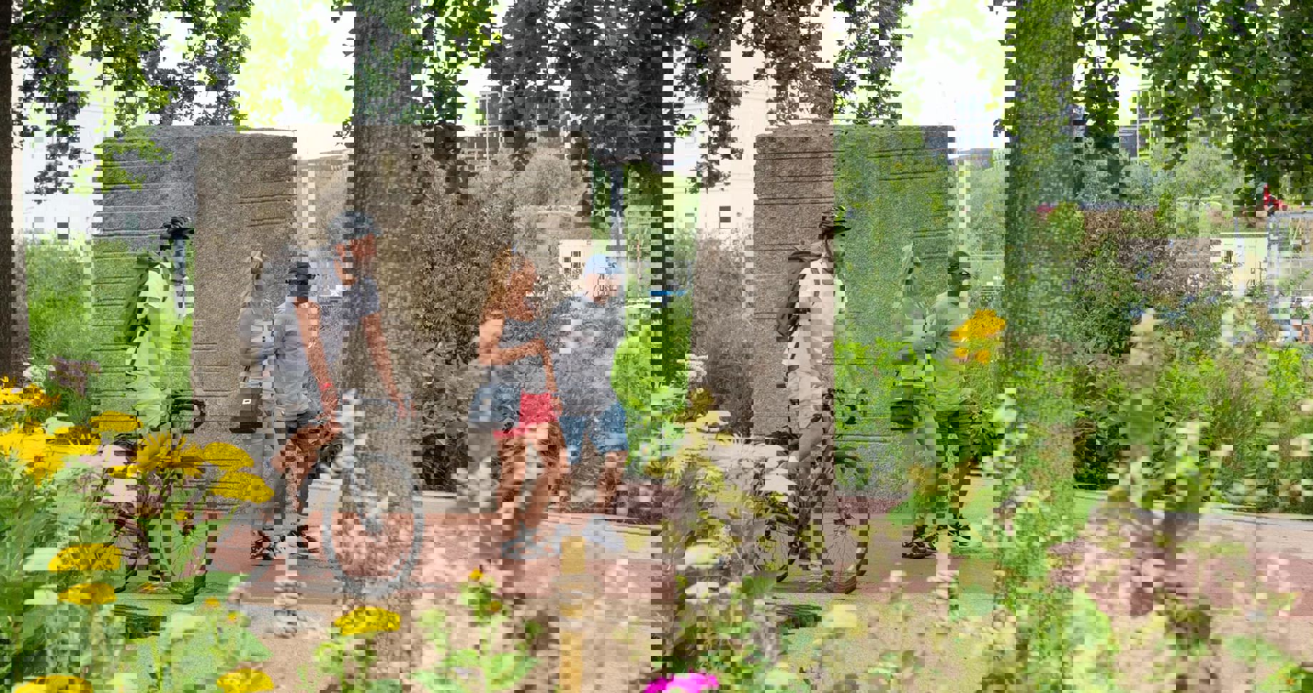 People walking and cycling through the park