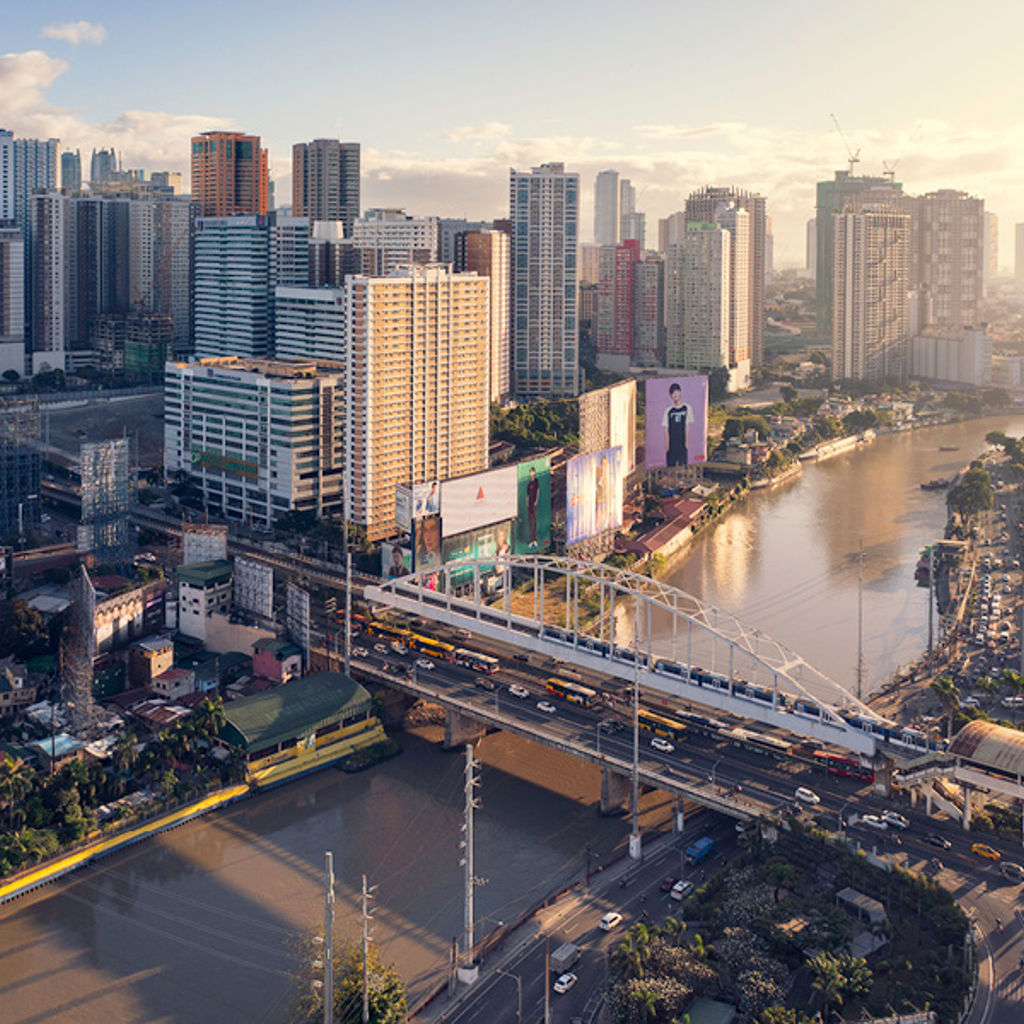 A large city with a river running through it.