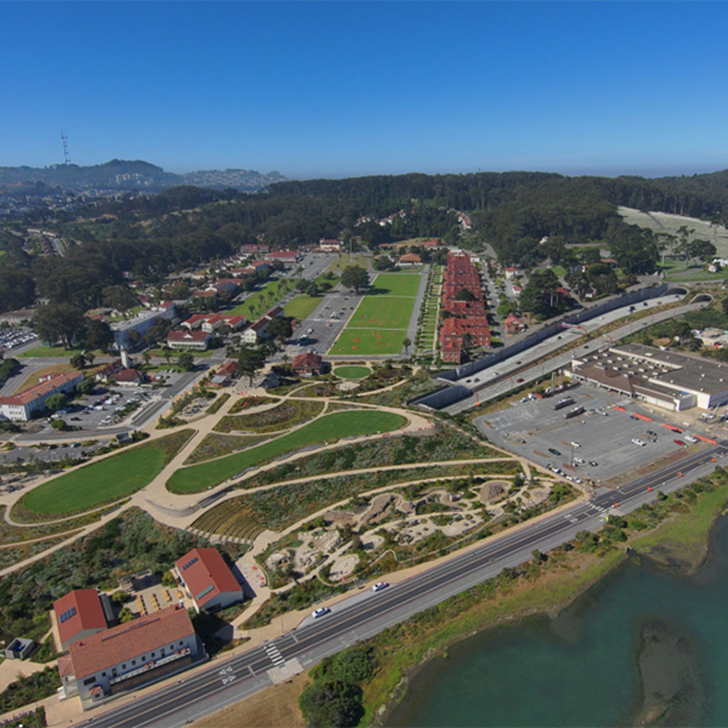 An aerial view of a city.