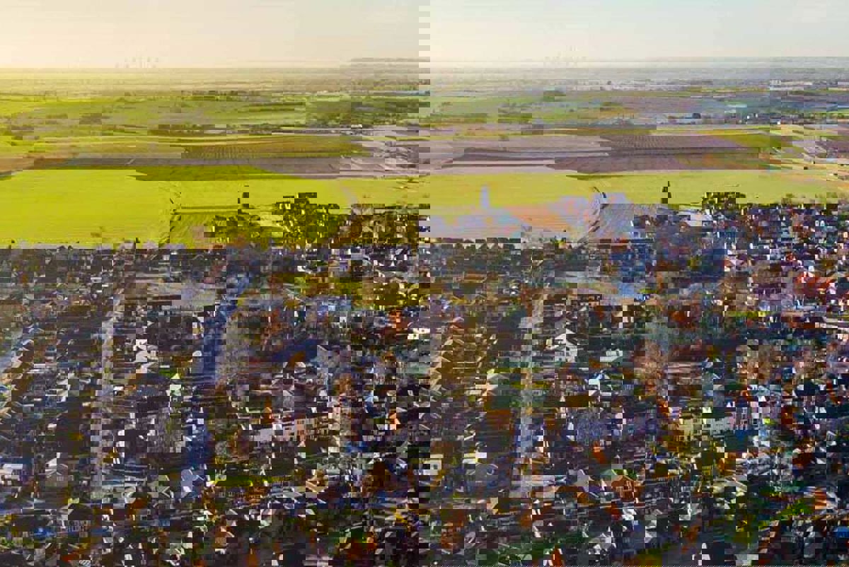 Aerial view of a suburban setting