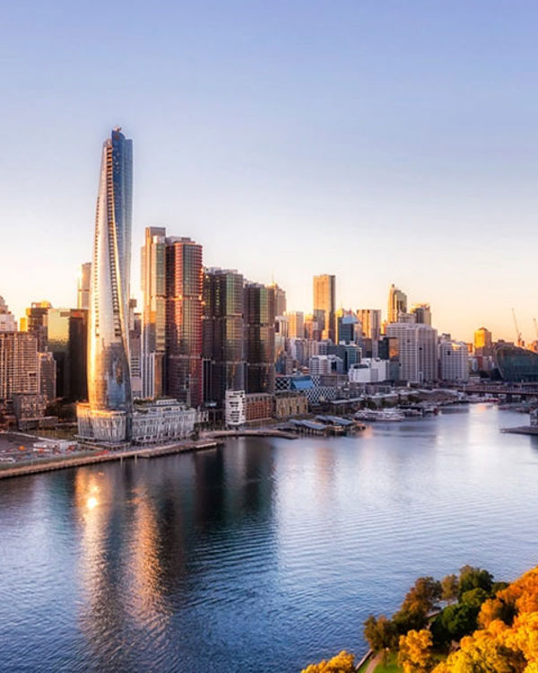 A city skyline with a river.