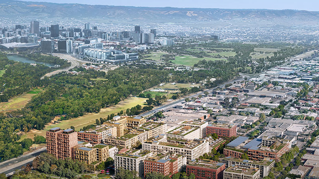 Artist impression of precinct block of buildings surrounded by parklands