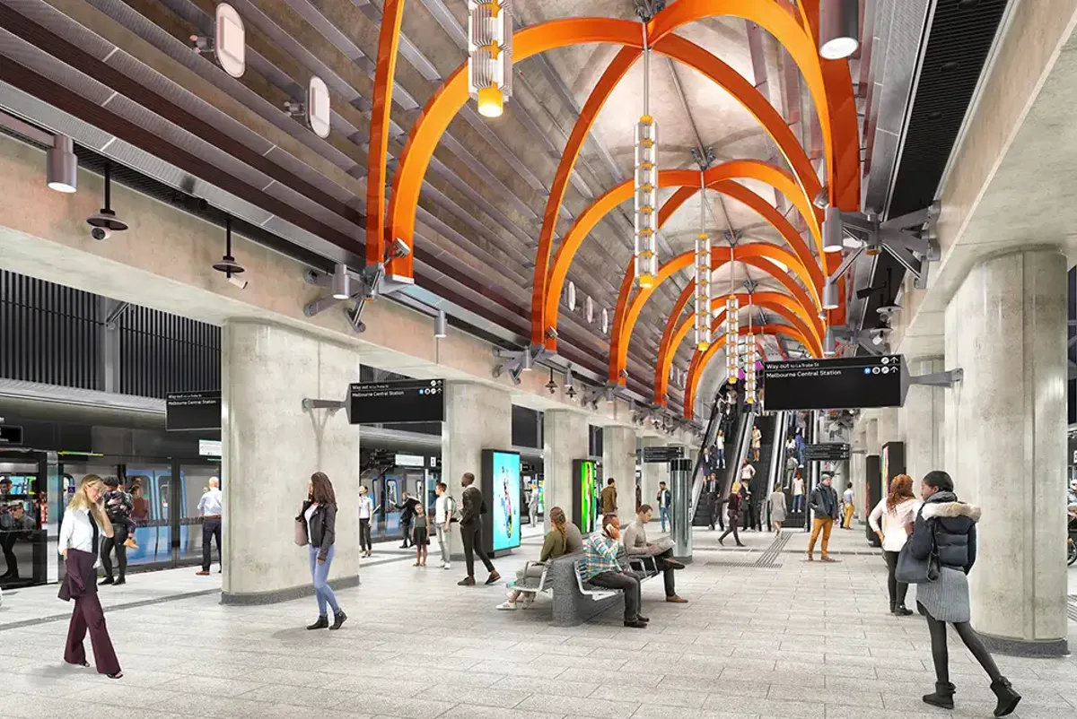 Artist drawing of the finished State Library Station with large open spaces at the platforms