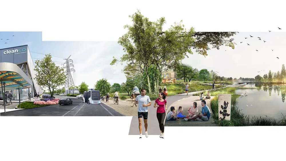 A group of people walking on a road by a body of water.